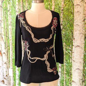 New WHBM Bows & Pearls Bejeweled Black 3/4 Sleeve Tee, Pink & White Rhinestones